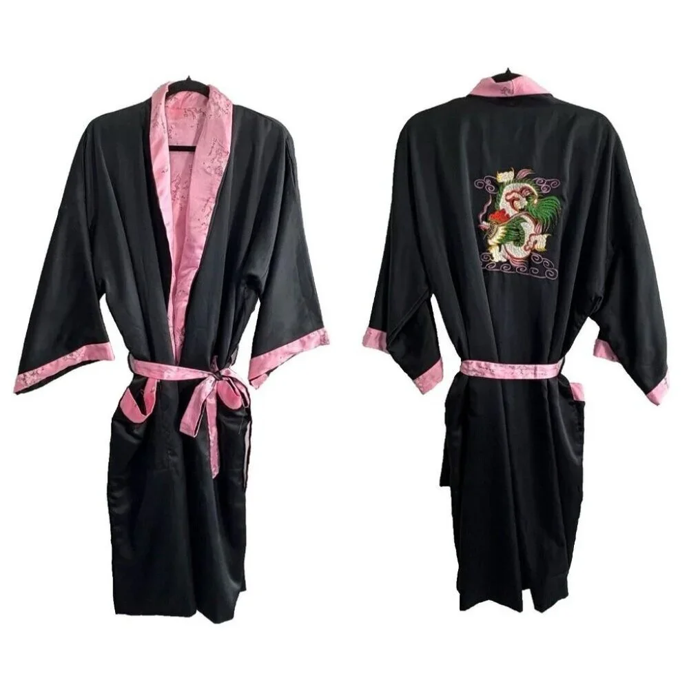 JAPANESE Women Reversible Embroidered Dragon Kimono Robe One SZ Black‎ Pink 65-3